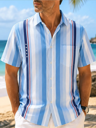 Moisture Wicking US Star Stripe Chest Pocket Hawaiian Shirt