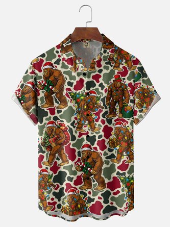 Moisture Wicking Gradient Christmas Bigfoot Christmas Tree Candy Cane Print Chest Pocket Hawaiian Shirt