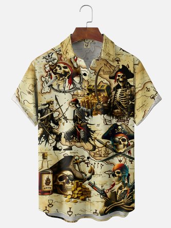 Moisture Wicking Gradient Skull & Pirate Chest Pocket Hawaiian Shirt