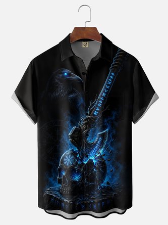 Moisture Wicking Viking Battle Axe Skull Odin Ravens Eye Odin Design Chest Pocket Hawaiian Shirt