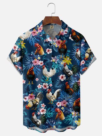 Moisture Wicking Gradient Print Featuring Roosters Tropical Plants Hibiscus Flowers Foliage Chest Pocket Hawaiian Shirt