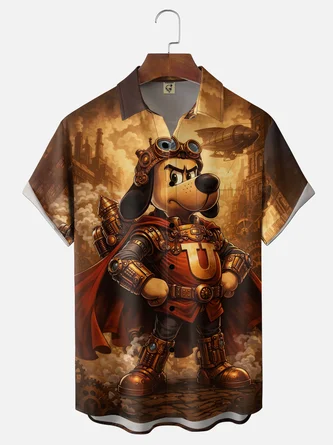 Moisture Wicking Steampunk Mechanical Hero Dog Chest Pocket Hawaiian Shirt