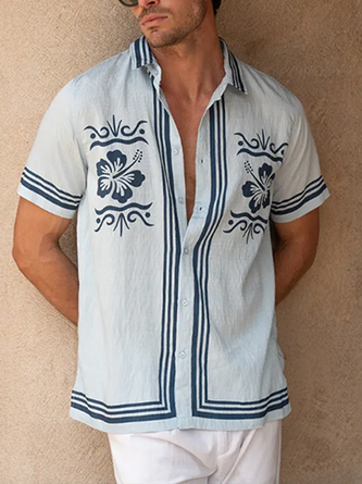 Linen Texture Striped Tropical Floral Hawaiian Shirt