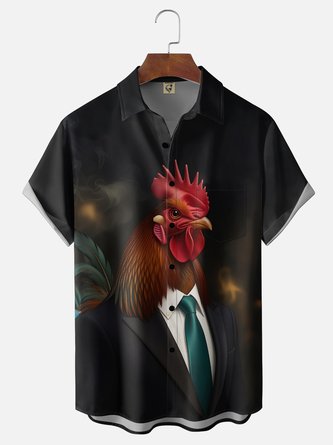 Moisture Wicking Rooster Print Chest Pocket Hawaiian Shirt