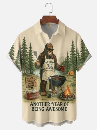 Moisture Wicking Bigfoot BBQ Birthday Chest Pocket Hawaiian Shirt