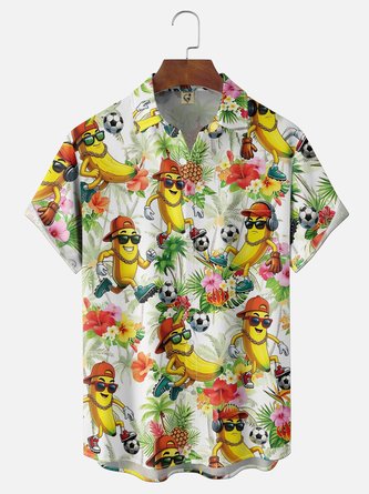 Moisture Wicking Gradient Tropical Leaf & Banana Print Chest Pocket Hawaiian Shirt