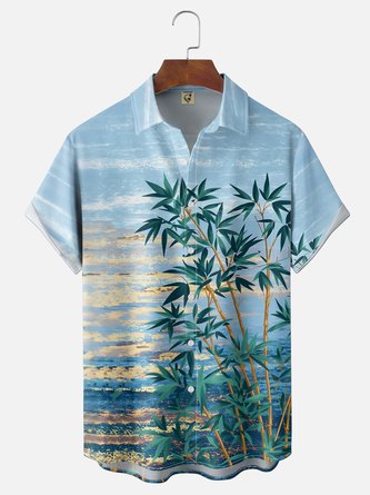 Moisture Wicking Gradient Leaf & Floral Print Chest Pocket Hawaiian Shirt