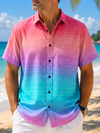 Linen Texture Abstract Gradient Chest Pocket Hawaiian Shirt