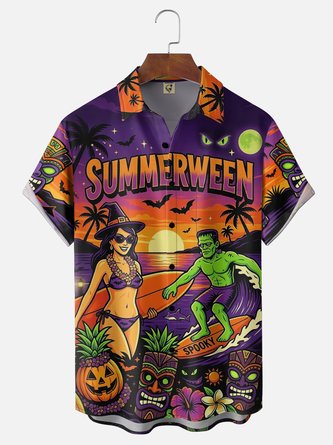 Moisture Wicking Halloween Bikini Babe Zombie Pumpkin Tiki Chest Pocket Hawaiian Shirt