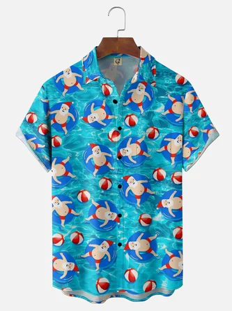Moisture Wicking Gradient Santa & Swim Ring Print Chest Pocket Hawaiian Shirt