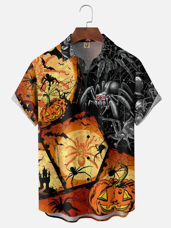 Moisture Wicking Halloween Pumpkin Spider Chest Pocket Hawaiian Shirt