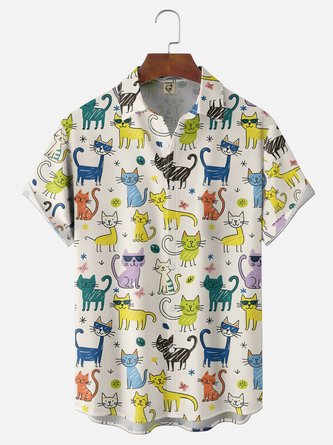 Moisture Wicking Gradient Hand drawn Cat Chest Pocket Hawaiian Shirt