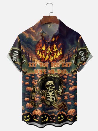 Moisture Wicking Halloween Pumpkin Ghost Skull Print Chest Pocket Hawaiian Shirt