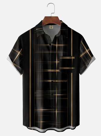 Moisture Wicking Geometric Stripe Plaid Patterns Chest Pocket Hawaiian Shirt