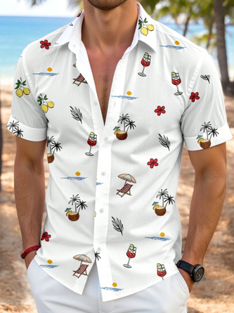Linen Texture Tropical Botanical Floral Cocktail Coconut Prints Hawaiian Shirt