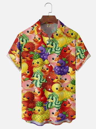 Moisture Wicking Gradient Fruit & Little Duck Chest Pocket Hawaiian Shirt