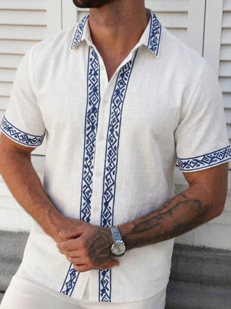 Linen Texture Striped Tropical Plant Hawaiian Shirt