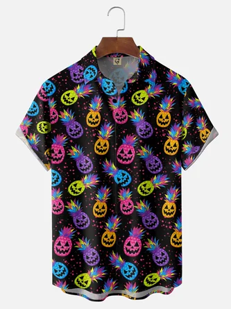 Moisture Wicking Neon Halloween Pineapple Pumpkin Chest Pocket Hawaiian Shirt