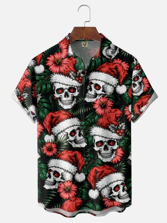 Moisture Wicking Gradient Christmas Skull Hibiscus Leaf Print Chest Pocket Hawaiian Shirt