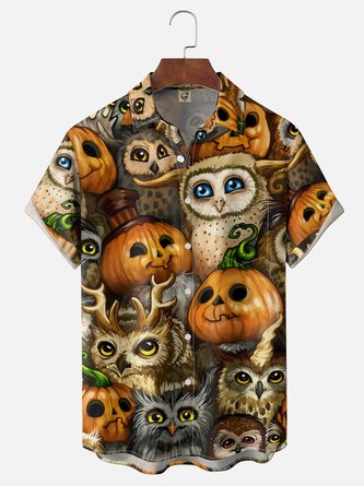 Moisture Wicking Halloween Pumpkin & Owl Chest Pocket Hawaiian Shirt