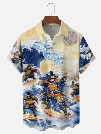 Moisture Wicking Gradient Colors Japanese Culture Samurai Surfing Chest Pocket Hawaiian Shirt