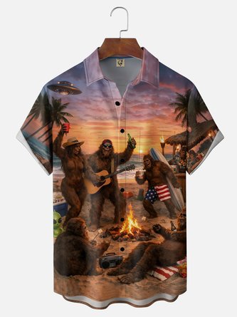Moisture Wicking Bigfoot Beach Party Chest Pocket Hawaiian Shirt