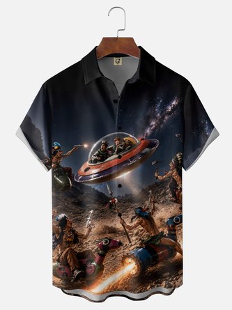 Moisture Wicking Native American & Alien UFO Chest Pocket Hawaiian Shirt