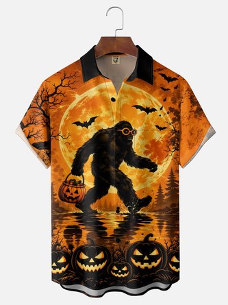 Moisture Wicking Gradient Halloween Bigfoot Pumpkin Bat Print Chest Pocket Hawaiian Shirt