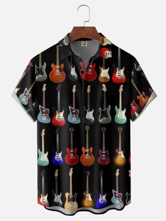 Moisture Wicking Guitar Print Chest Pocket Hawaiian Shirt