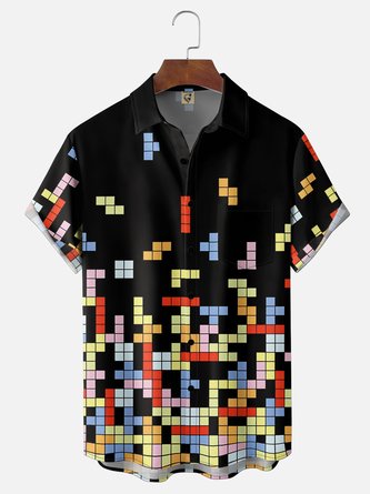 Moisture Wicking Geometric Block Print Chest Pocket Hawaiian Shirt