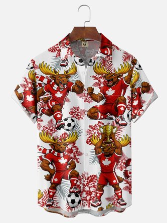Moisture Wicking Gradient Print Featuring Canadian Moose Maple Leaf Floral Motifs Chest Pocket Hawaiian Shirt