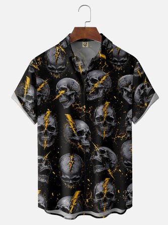 Moisture Wicking Gradient Rock Punk Skull & Lightning Chest Pocket Hawaiian Shirt