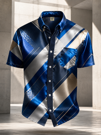 Breathable Silk Satin Abstract Geometric Art Chest Pocket Hawaiian Shirt