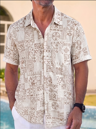 Linen Texture Ethnic Style Botanical Print Chest Pocket Hawaiian Shirt
