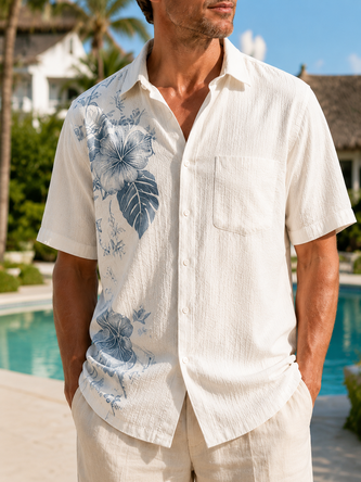Linen Texture Tropical Floral Print Chest Pocket Hawaiian Shirt