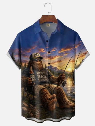 Moisture Wicking Bigfoot Casual Fishing Chest Pocket Hawaiian Shirt