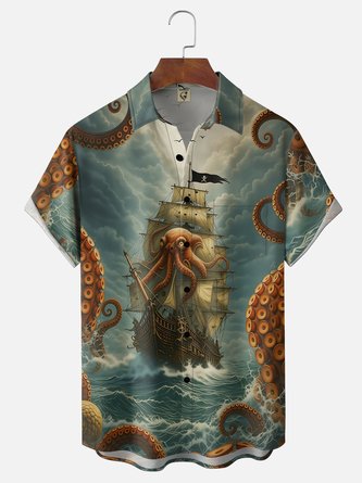 Moisture Wicking Octopus & Pirate Ship Print Chest Pocket Hawaiian Shirt