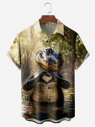 Moisture Wicking Fun Heart Patterned Crocodile Chest Pocket Hawaiian Shirt