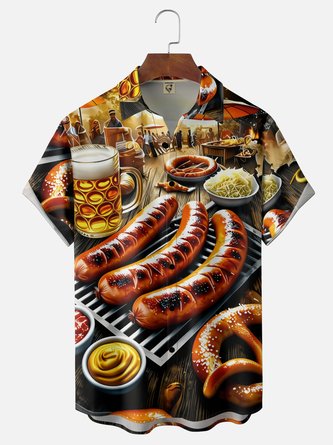 Moisture Wicking BBQ Sausage & Beer Chest Pocket Hawaiian Shirt