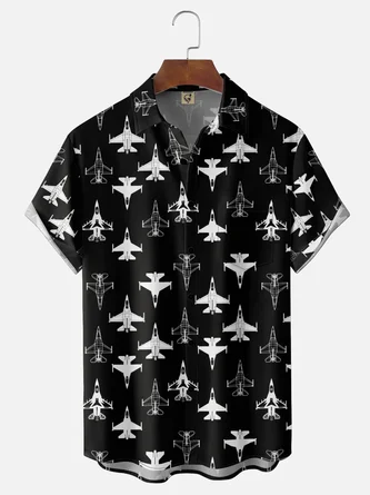 Moisture Wicking Gradient Star Geometric Airplane Print Chest Pocket Hawaiian Shirt