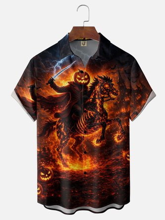 Moisture Wicking Halloween Flaming Pumpkin Knight Chest Pocket Hawaiian Shirt