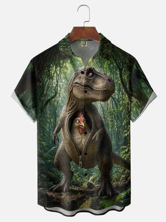 Moisture Wicking Fun Dinosaur Chicken Chest Pocket Hawaiian Shirt