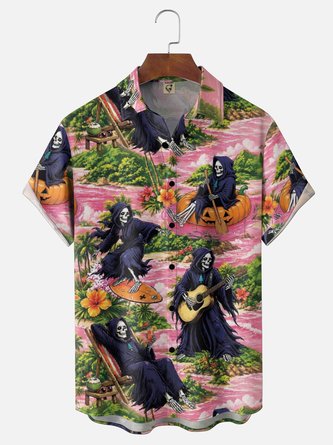 Moisture Wicking Halloween Skeleton Pumpkin Boat Guitar Surfboard Print Chest Pocket Hawaiian Shirt