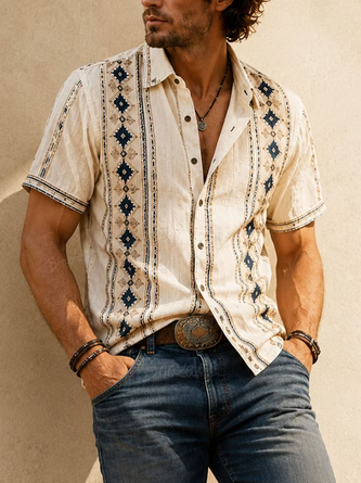 Linen Texture Striped Ethnic Geometric Patterns Hawaiian Shirt