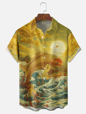 Moisture Wicking Ethnic Wave & Koi Chest Pocket Hawaiian Shirt