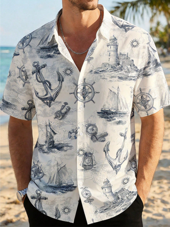 Linen Texture Nautical Lighthouse Print Hawaiian Shirt
