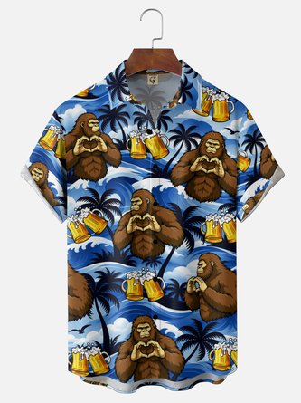 Moisture Wicking Gradient Palm Tree Bigfoot Beer Chest Pocket Hawaiian Shirt