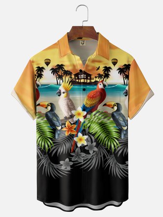 Moisture Wicking Tropical Floral & Parrot Print Chest Pocket Hawaiian Shirt