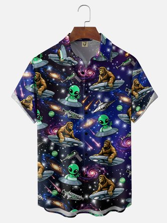 Moisture Wicking Gradient Print Star Spaceships Bigfoot Aliens Chest Pocket Hawaiian Shirt