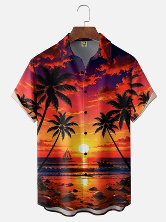 Moisture Wicking Gradient Sunset Seascape & Palm Tree Print Chest Pocket Hawaiian Shirt